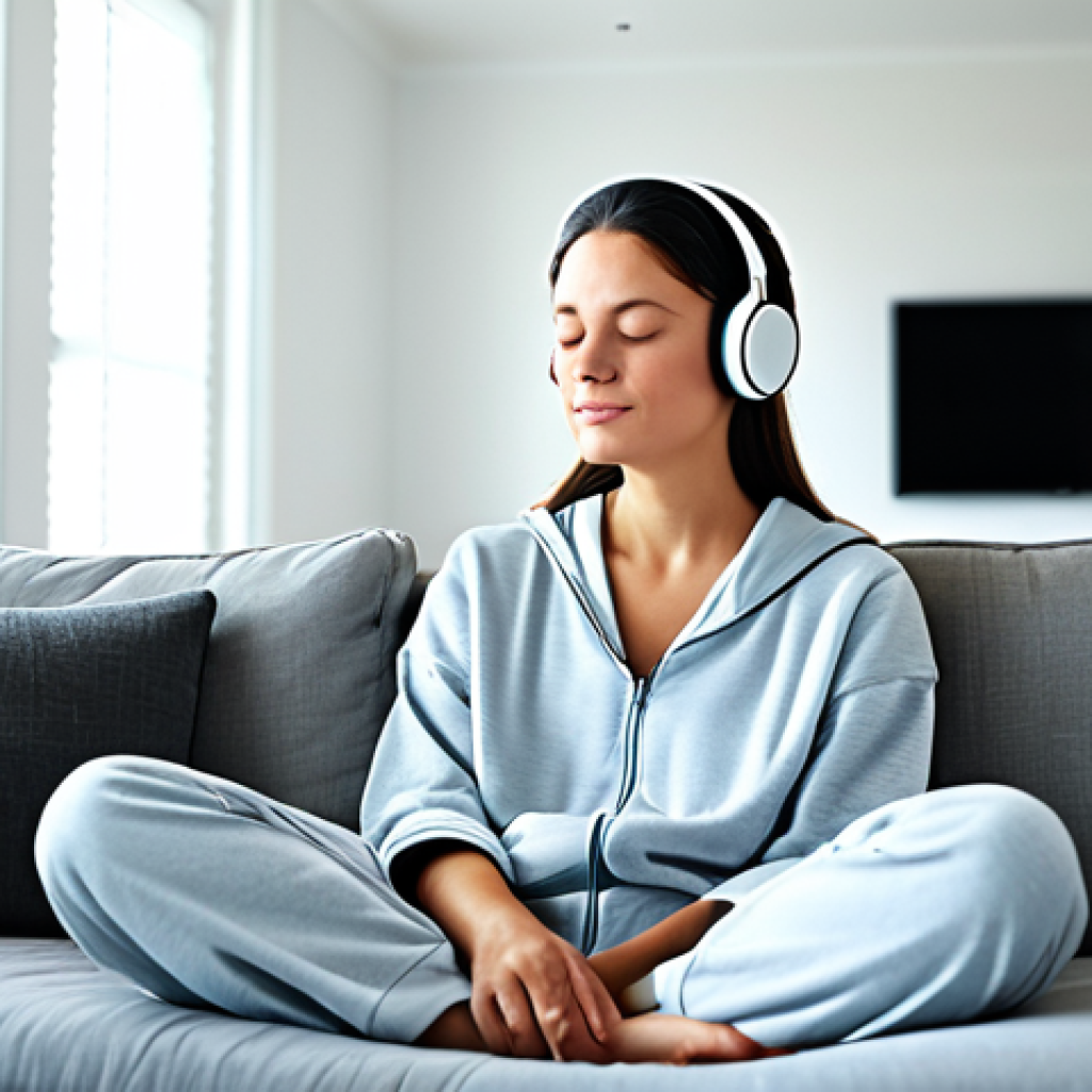 **
"A woman in a brightly lit, modern living room, fully clothed in comfortable loungewear, listening to calming music through headphones, eyes closed in peaceful relaxation, appropriate attire, safe for work, perfect anatomy, natural proportions, high quality, family-friendly"
**