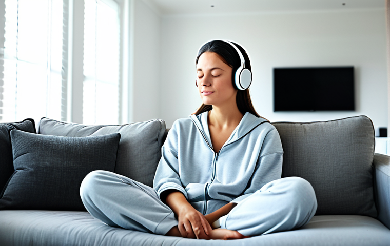 **
"A woman in a brightly lit, modern living room, fully clothed in comfortable loungewear, listening to calming music through headphones, eyes closed in peaceful relaxation, appropriate attire, safe for work, perfect anatomy, natural proportions, high quality, family-friendly"
**