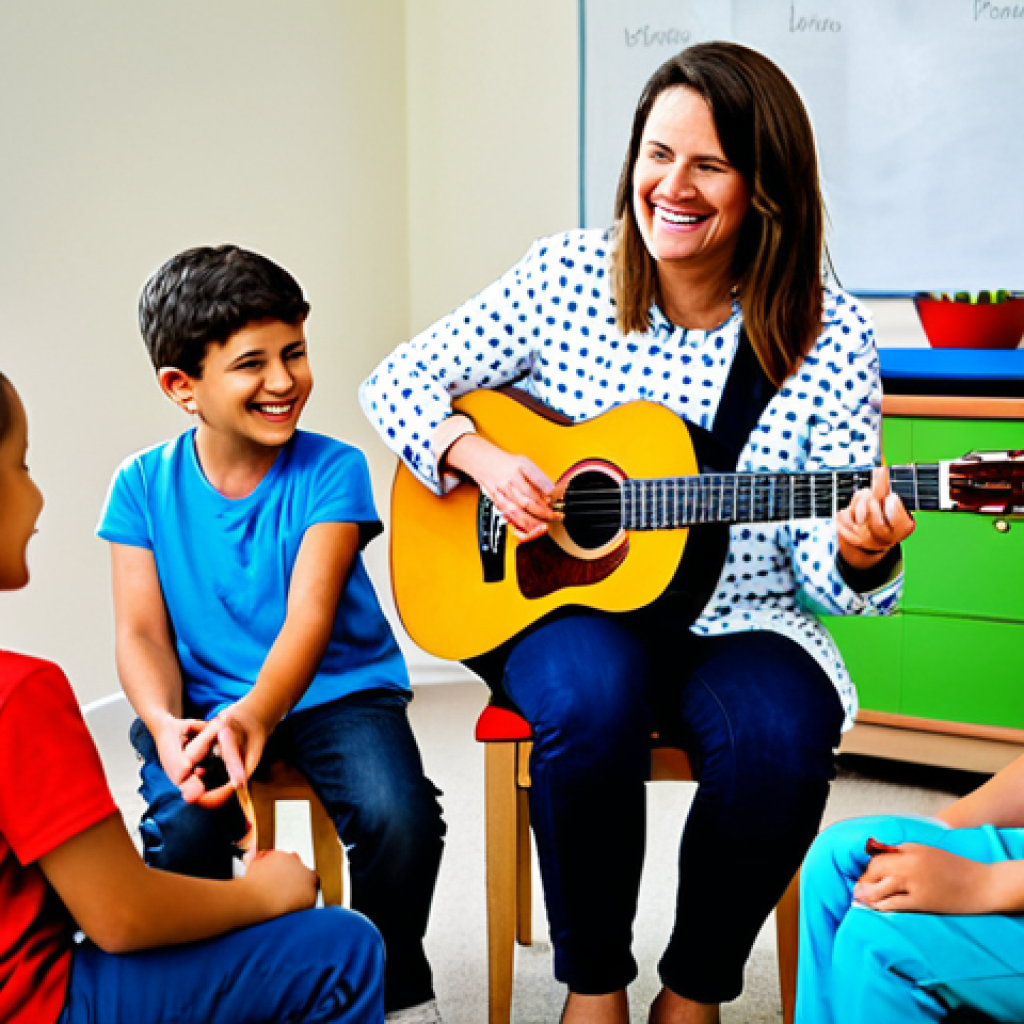 음악테라피사 업무 사례 - A professional music therapist in appropriate attire, leading a group music therapy session with chi...