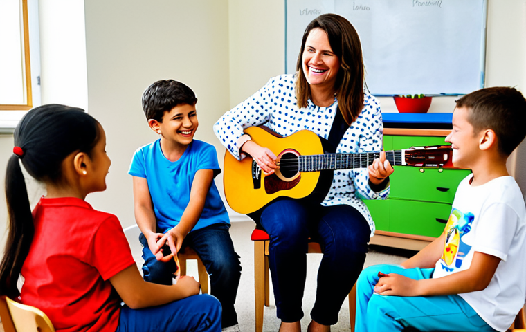 음악테라피사 업무 사례 - A professional music therapist in appropriate attire, leading a group music therapy session with chi...