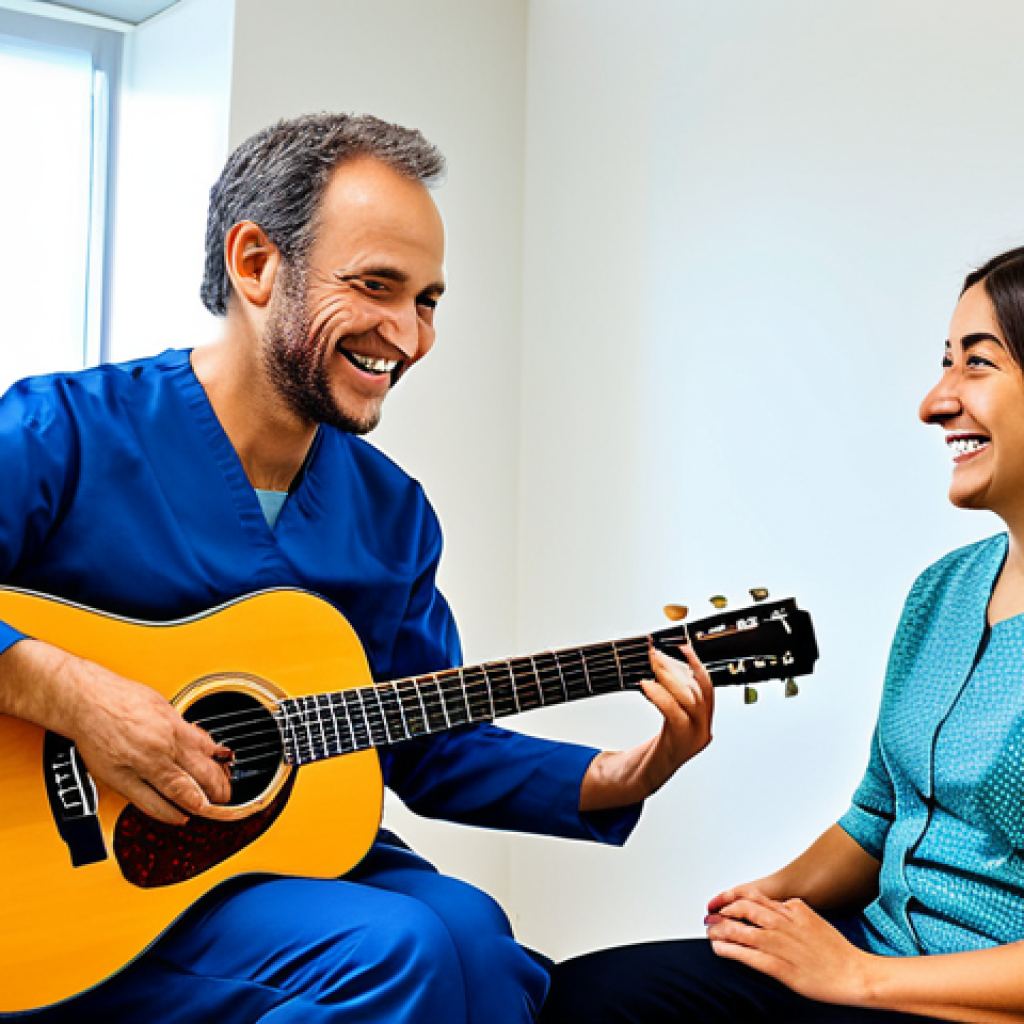 음악테라피사 학위 - Music Therapy Session**

"A music therapist, fully clothed in professional attire, playing a guitar ...