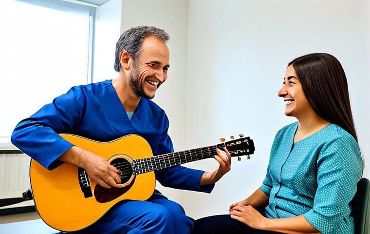 음악테라피사 학위 - Music Therapy Session**
"A music therapist, fully clothed in professional attire, playing a guitar ...