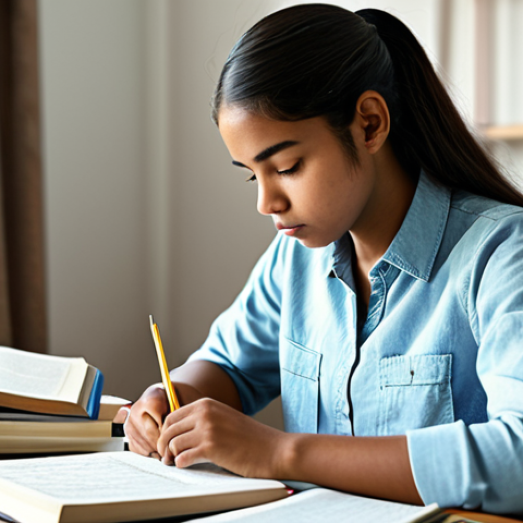 음악테라피사 자격증 시험 준비 방법 - Focused Study Session**
A young woman wearing modest clothing sits at a desk filled with textbooks ...