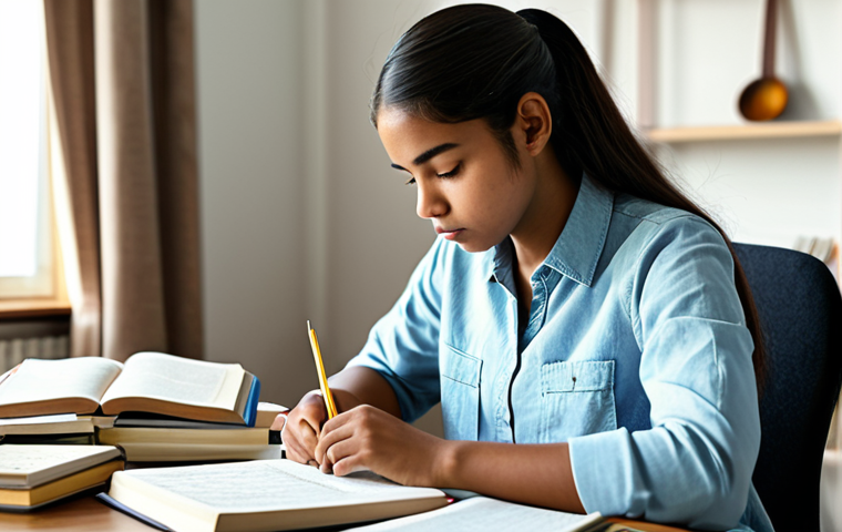 음악테라피사 자격증 시험 준비 방법 - Focused Study Session**
A young woman wearing modest clothing sits at a desk filled with textbooks ...