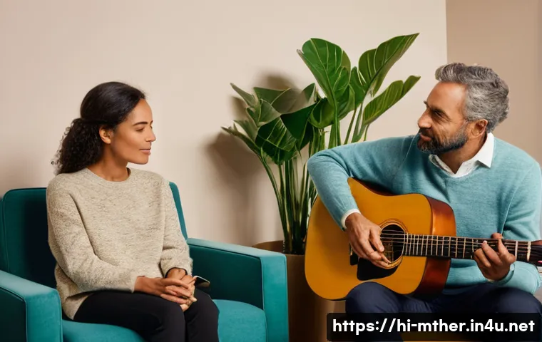 음악테라피사 이직 방법 - **Prompt:** A serene and comforting image of a female music therapist (around 30s-40s, dressed in pr...