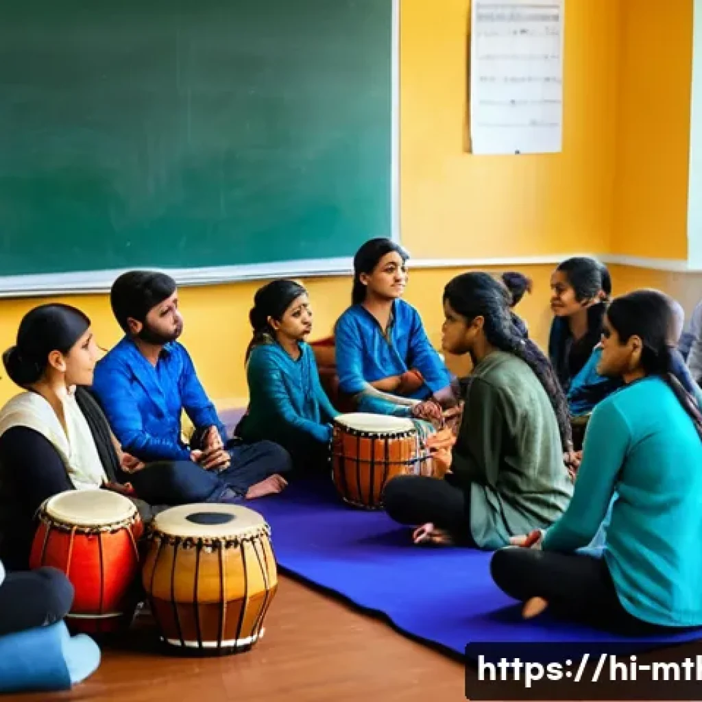 음악테라피사 교육비 - A detailed scene of a diverse group of Indian students attending a music therapy diploma class in a ...