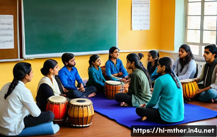 음악테라피사 교육비 - A detailed scene of a diverse group of Indian students attending a music therapy diploma class in a ...