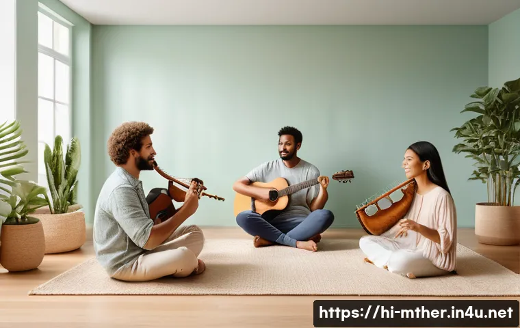 음악테라피사 치료 효과 분석 - A serene indoor therapy room with soft natural lighting, featuring a diverse group of adults sitting...