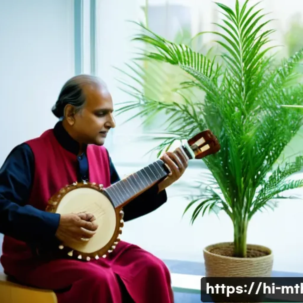 음악테라피사 직무 성장 방향 - A compassionate Indian music therapist in a bright, modern hospital therapy room, gently playing a c...