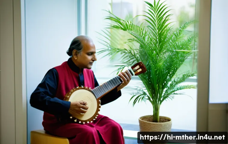 음악테라피사 직무 성장 방향 - A compassionate Indian music therapist in a bright, modern hospital therapy room, gently playing a c...