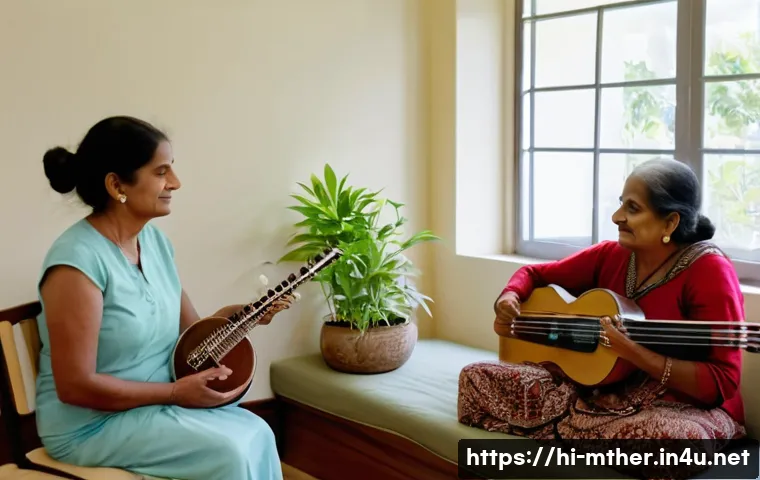 음악테라피사 실습 후기 - A serene therapy room bathed in soft natural light, featuring a middle-aged South Asian therapist ge...