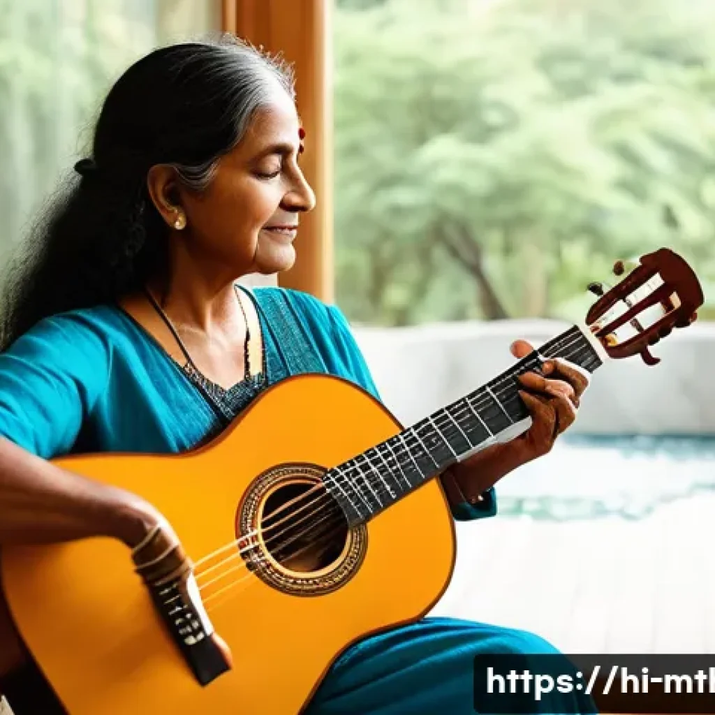 음악테라피사 이론 정리 - A serene therapy room bathed in warm natural light, featuring a middle-aged Indian woman sitting com...