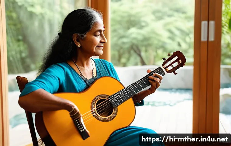 음악테라피사 이론 정리 - A serene therapy room bathed in warm natural light, featuring a middle-aged Indian woman sitting com...