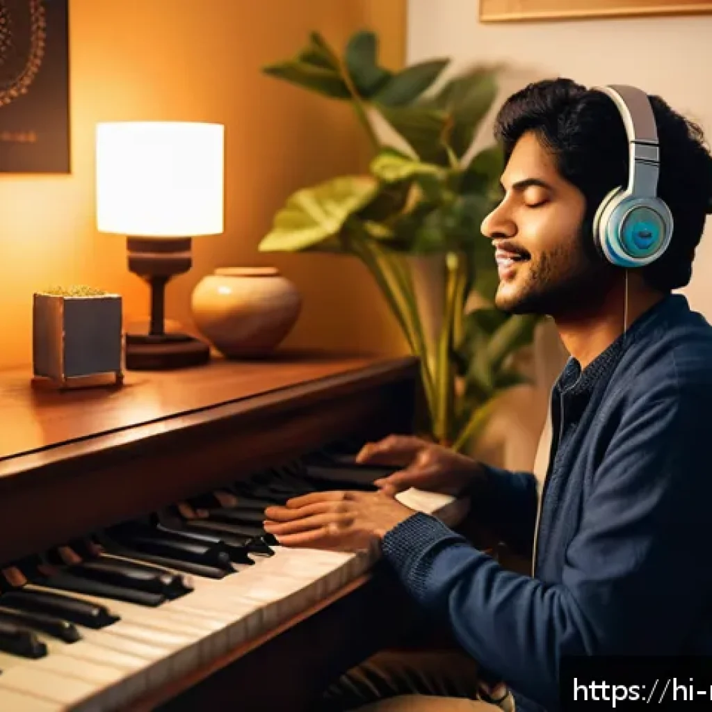 음악테라피사 실습에서 배운 점 - A serene indoor scene showing a person of South Asian descent wearing comfortable casual clothes, si...