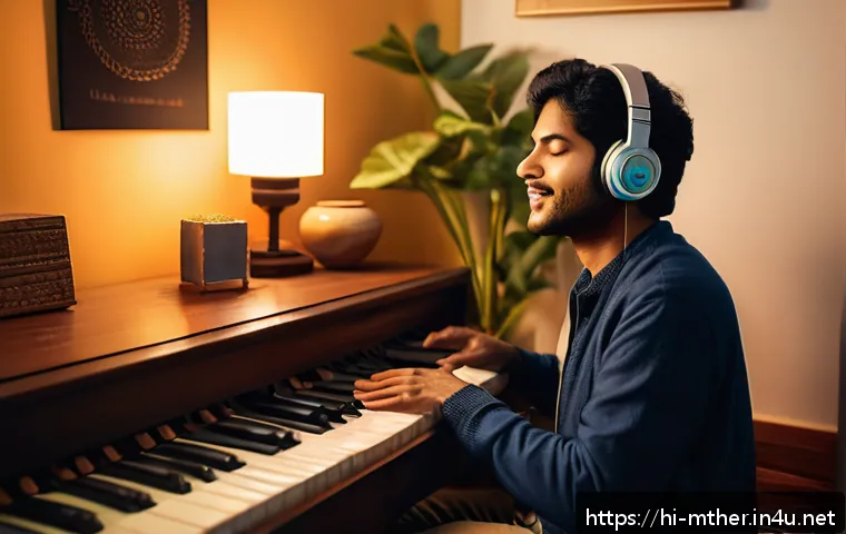 음악테라피사 실습에서 배운 점 - A serene indoor scene showing a person of South Asian descent wearing comfortable casual clothes, si...