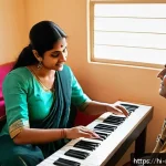 Home 22 음악테라피사 기술 - A serene music therapy session in a modern clinic setting with a compassionate therapist attentively...