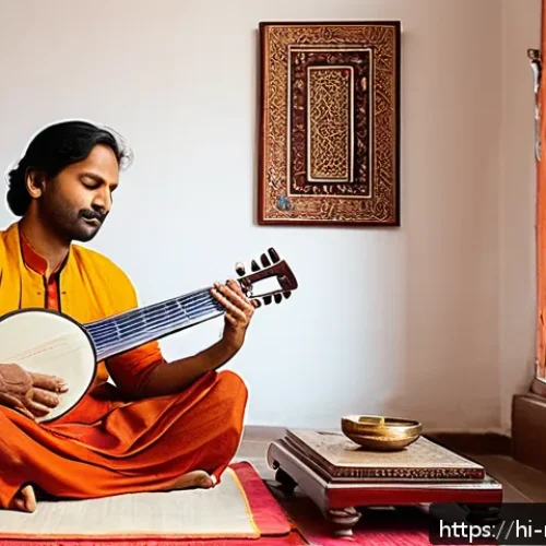 Home 32 음악테라피사 전문가로 성장하기 - A serene therapy room with a South Asian male music therapist in his late 30s gently playing a class...