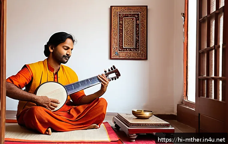 음악테라피사 전문가로 성장하기 - A serene therapy room with a South Asian male music therapist in his late 30s gently playing a class...
