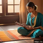 Home 19 음악테라피사 심리적 효과 - A serene indoor scene of a young Indian woman sitting cross-legged on a traditional floor mat, eyes ...