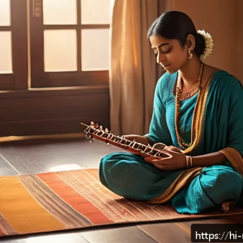 Home 31 음악테라피사 심리적 효과 - A serene indoor scene of a young Indian woman sitting cross-legged on a traditional floor mat, eyes ...