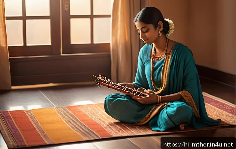 음악테라피사 심리적 효과 - A serene indoor scene of a young Indian woman sitting cross-legged on a traditional floor mat, eyes ...