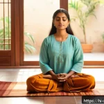 Home 18 음악테라피사 치료 이론 - A serene Indian woman wearing comfortable, modest clothing, sitting cross-legged on a traditional fl...