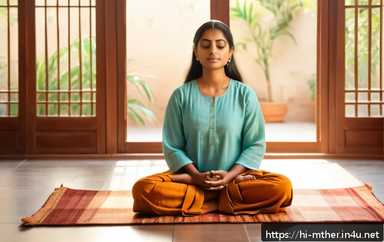 음악테라피사 치료 이론 - A serene Indian woman wearing comfortable, modest clothing, sitting cross-legged on a traditional fl...