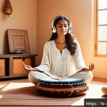 Home 23 음악테라피사 업무에서 배우는 점 - A serene, sunlit meditation room with a young Indian woman sitting cross-legged on a soft cushion, e...