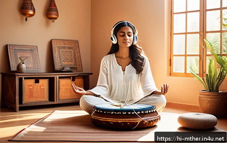 음악테라피사 업무에서 배우는 점 - A serene, sunlit meditation room with a young Indian woman sitting cross-legged on a soft cushion, e...