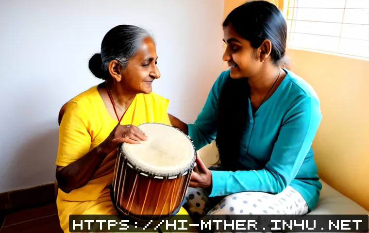 Home 17 음악테라피사 직무 내용 - Photorealistic music therapist in a bright, welcoming therapy room, gently guiding an older Indian w...