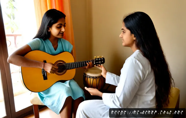 음악테라피사 치료 기법 - Photorealistic music therapy session in a calm Indian wellness clinic, compassionate female therapis...